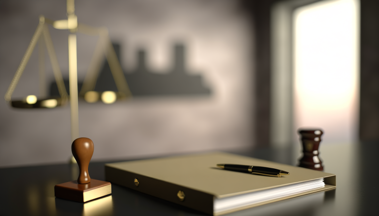 Bureau d’avocat avec dossier juridique, tampon en bois et balance de justice floutée, lumière douce et ambiance neutre, illustrant déposer une plainte pénale en Turquie quand on est francophone.