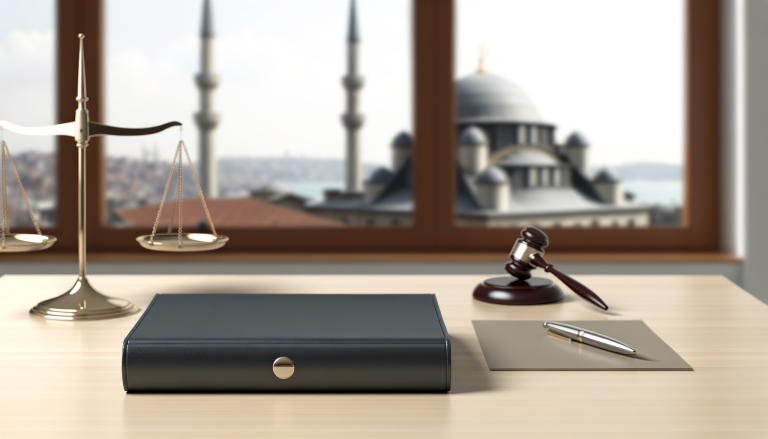 Dossier juridique, balance de justice et tampon sur un bureau en lumière douce, avec la skyline d’Istanbul très floue en arrière-plan — illustration des risques juridiques liés à l’immigration irrégulière en Turquie pour un francophone.