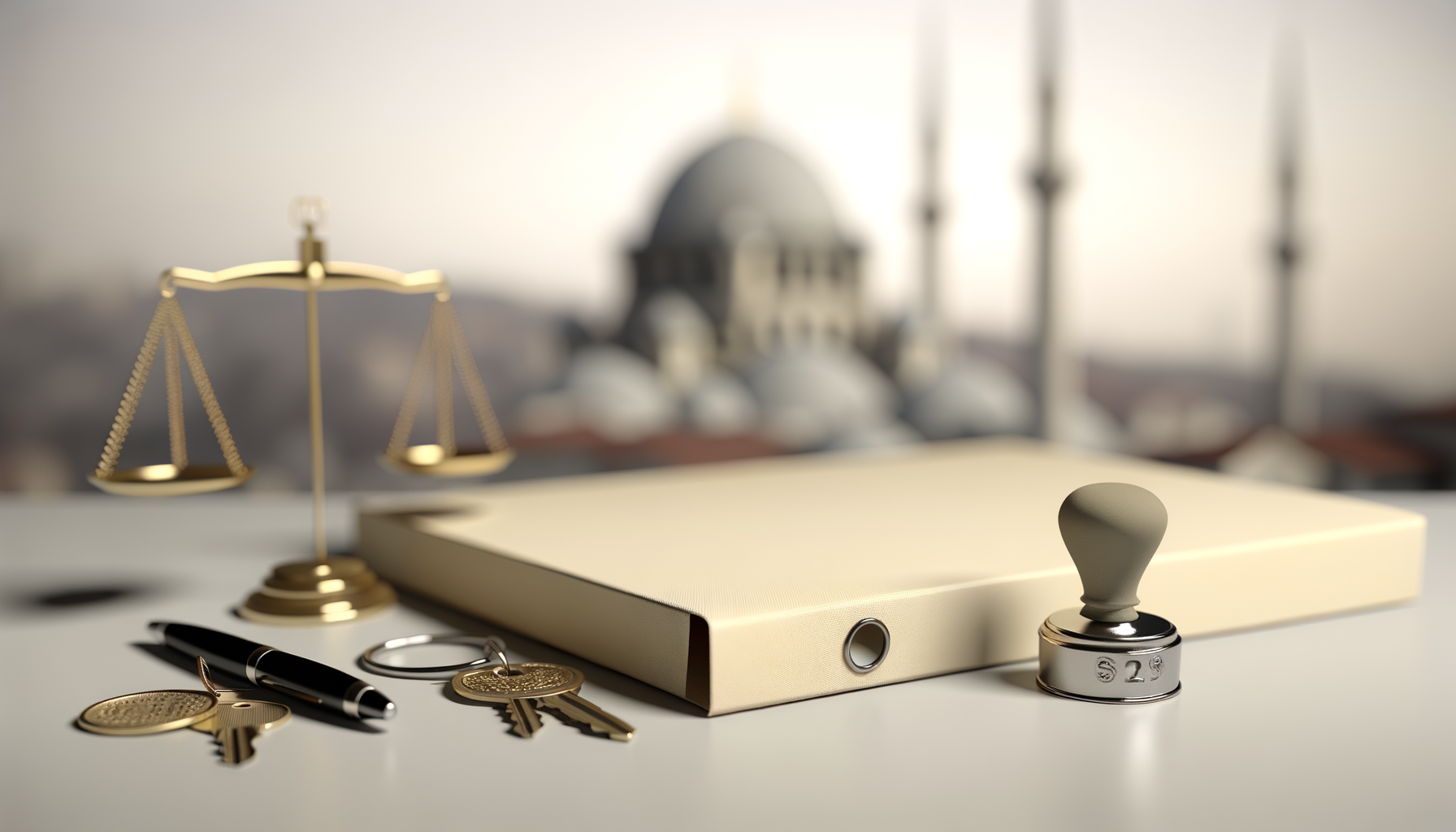 Photo réaliste d’un bureau juridique avec documents de succession, tampon, clés et balance de justice, évoquant la fiscalité des successions en Turquie pour héritiers à l’étranger, avec une skyline d’Istanbul très floue en arrière-plan.