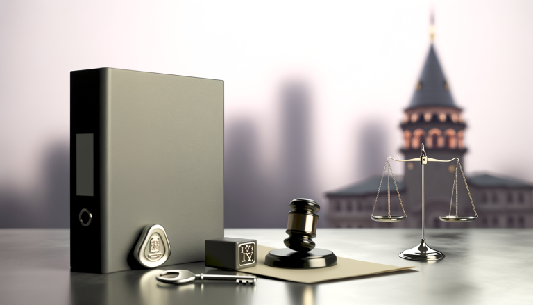 Nature morte corporate avec dossier juridique, clé de coffre et balance de justice sur fond neutre, skyline d’Istanbul très floue en arrière-plan, illustrant les droits du conjoint survivant en Turquie sur les comptes bancaires.