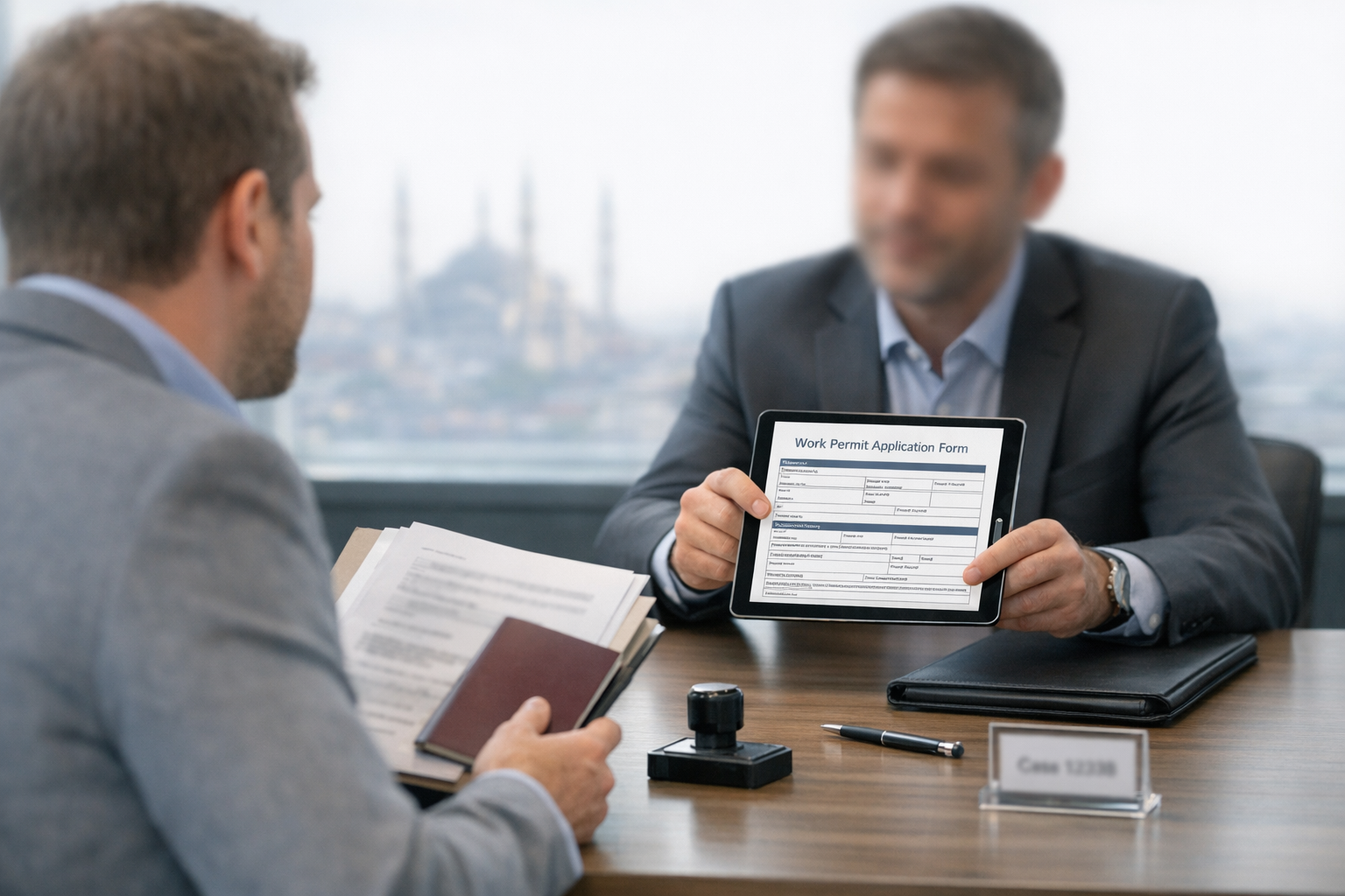 Consultation avec un conseiller montrant des démarches de permis de travail en Turquie à un client francophone, documents floutés sur table.