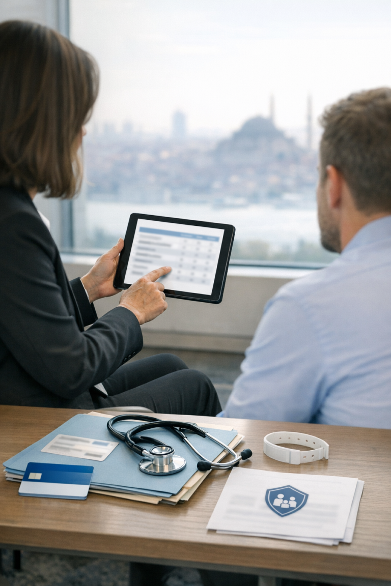 Conseil en clinique à Istanbul sur ce que couvre l’assurance santé et les soins en Turquie, avec dossier médical flouté et carte d’assurance.