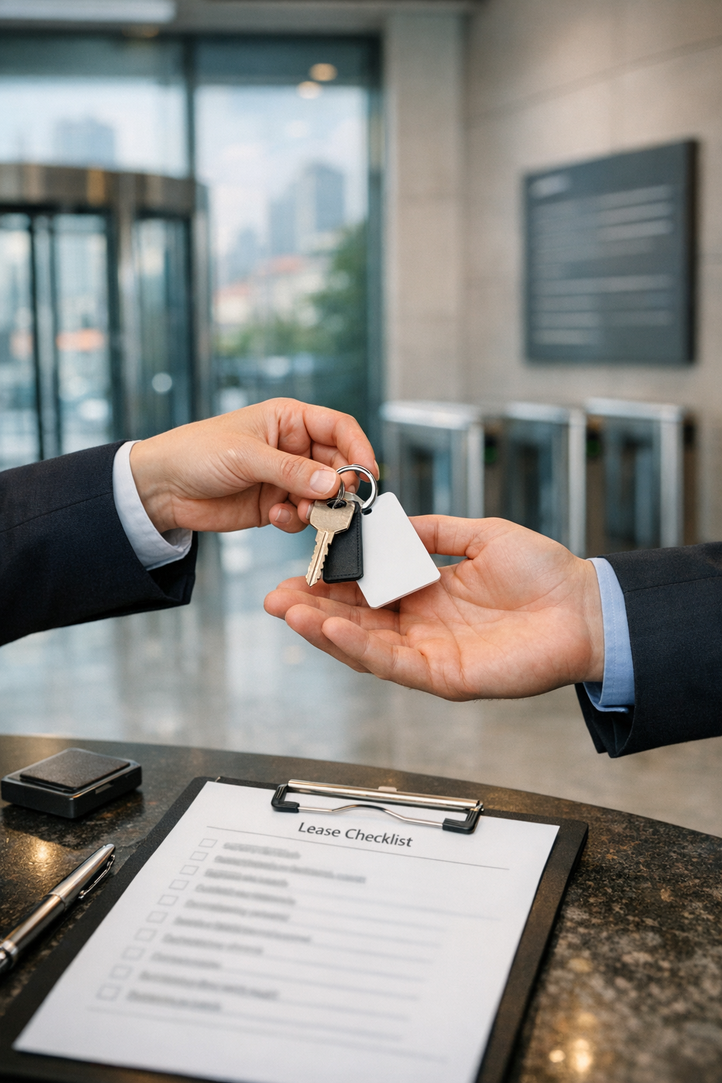 Remise de clés et badge d’accès devant un immeuble de bureaux à Istanbul pour sécuriser un bail commercial en Turquie.