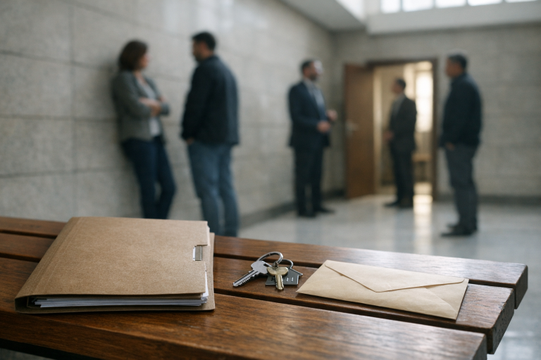 Héritiers en désaccord dans un couloir de tribunal à Istanbul, avec dossier de succession et clés illustrant un conflit entre héritiers en Turquie et les solutions possibles.