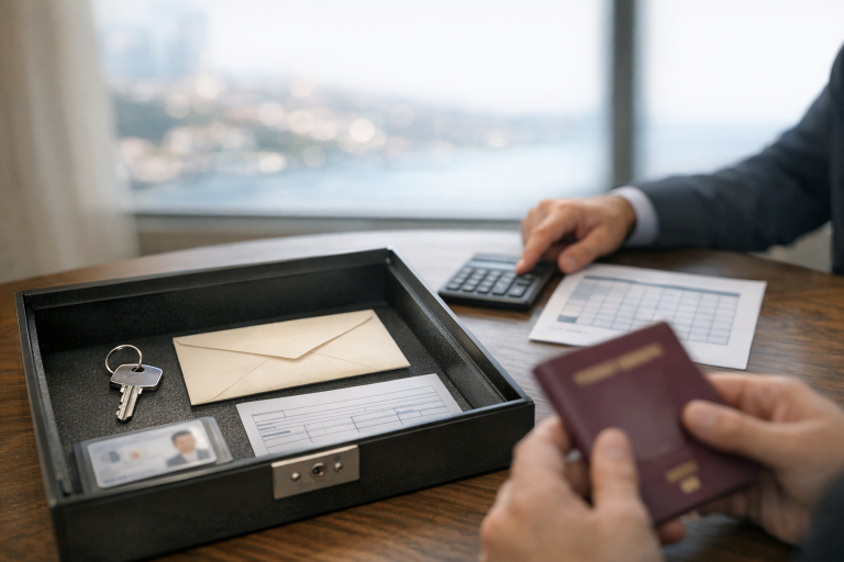 Coffre de banque en Turquie avec passeport flouté et justificatifs liés à l’impôt sur succession pour des héritiers étrangers.