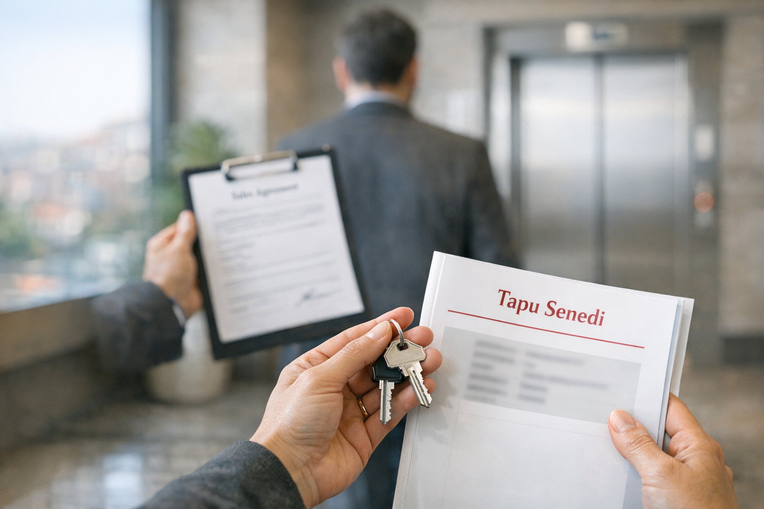 Remise de clés et préparation d’un acte de vente dans le hall d’un immeuble à Istanbul pour une succession immobilière en Turquie : vendre après décès.
