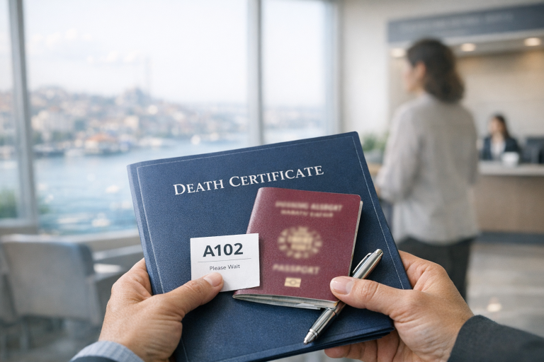 Héritiers dans une salle d’attente administrative à Istanbul avec passeport flouté et dossier de décès en Turquie : démarches pour les héritiers.
