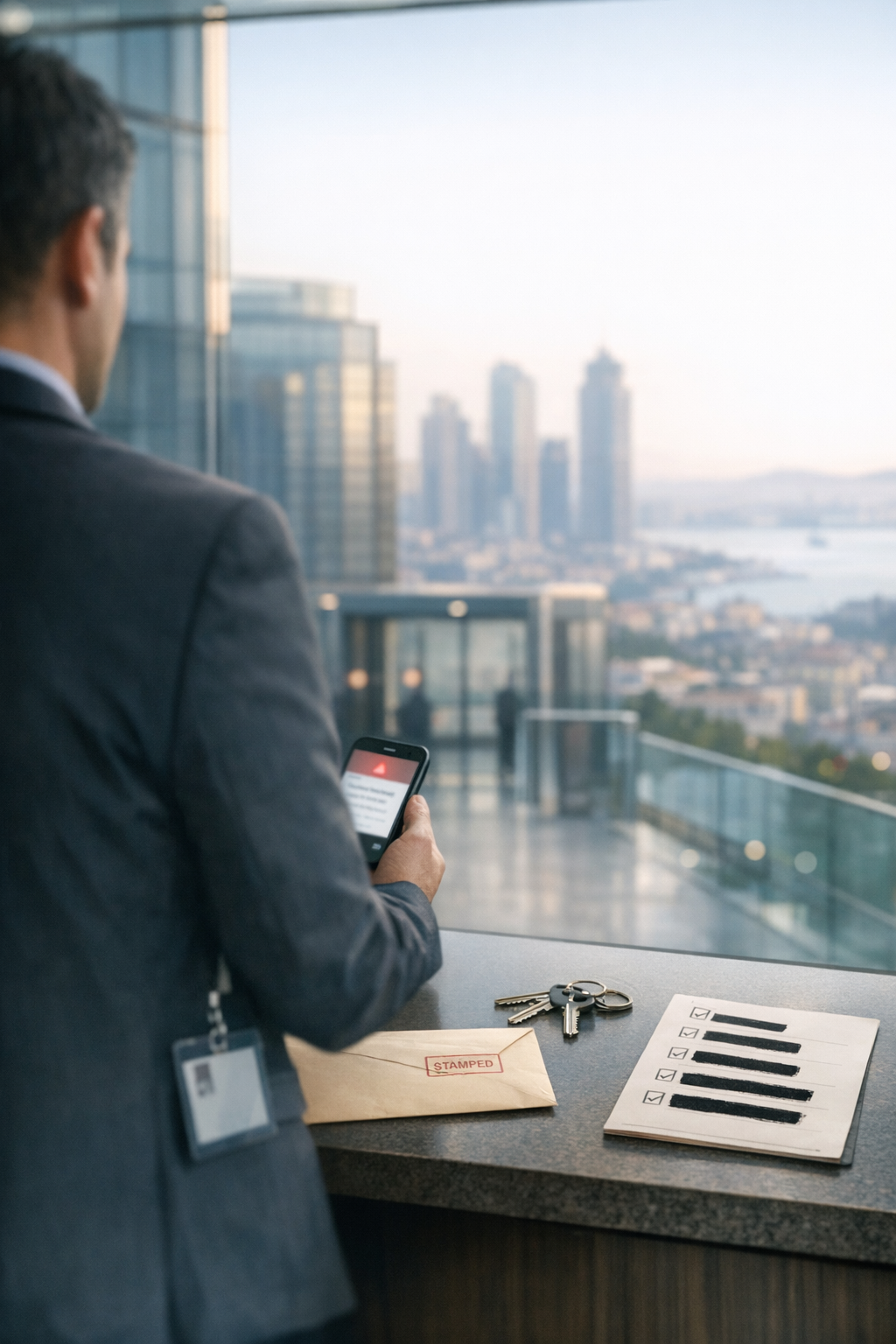 Dirigeant de dos dans un bureau vitré à Istanbul avec une notification et des documents floutés évoquant la responsabilité du dirigeant en Turquie : risques principaux.