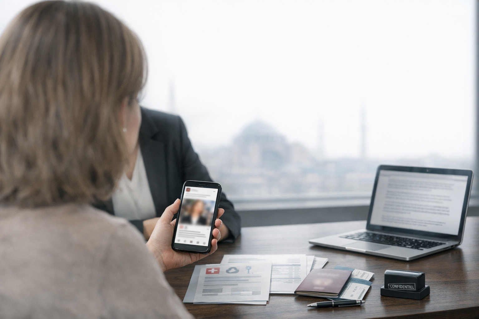 Consultation avec un avocat où un patient montre une publication d’influenceur sur smartphone pour un recours lié au tourisme médical en Turquie.