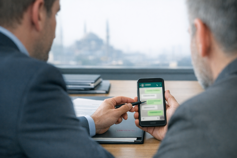 Un avocat et son client analysent sur un smartphone des preuves WhatsApp en Turquie lors d’un rendez-vous au cabinet.