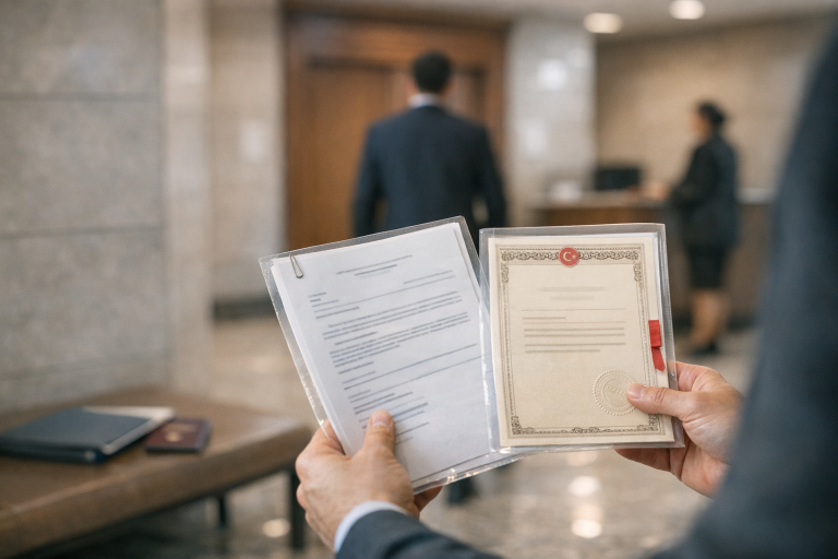 Reconnaissance d’un certificat d’hérédité étranger en Turquie dans un couloir de tribunal à Istanbul, avec dossiers officiels tenus en main.