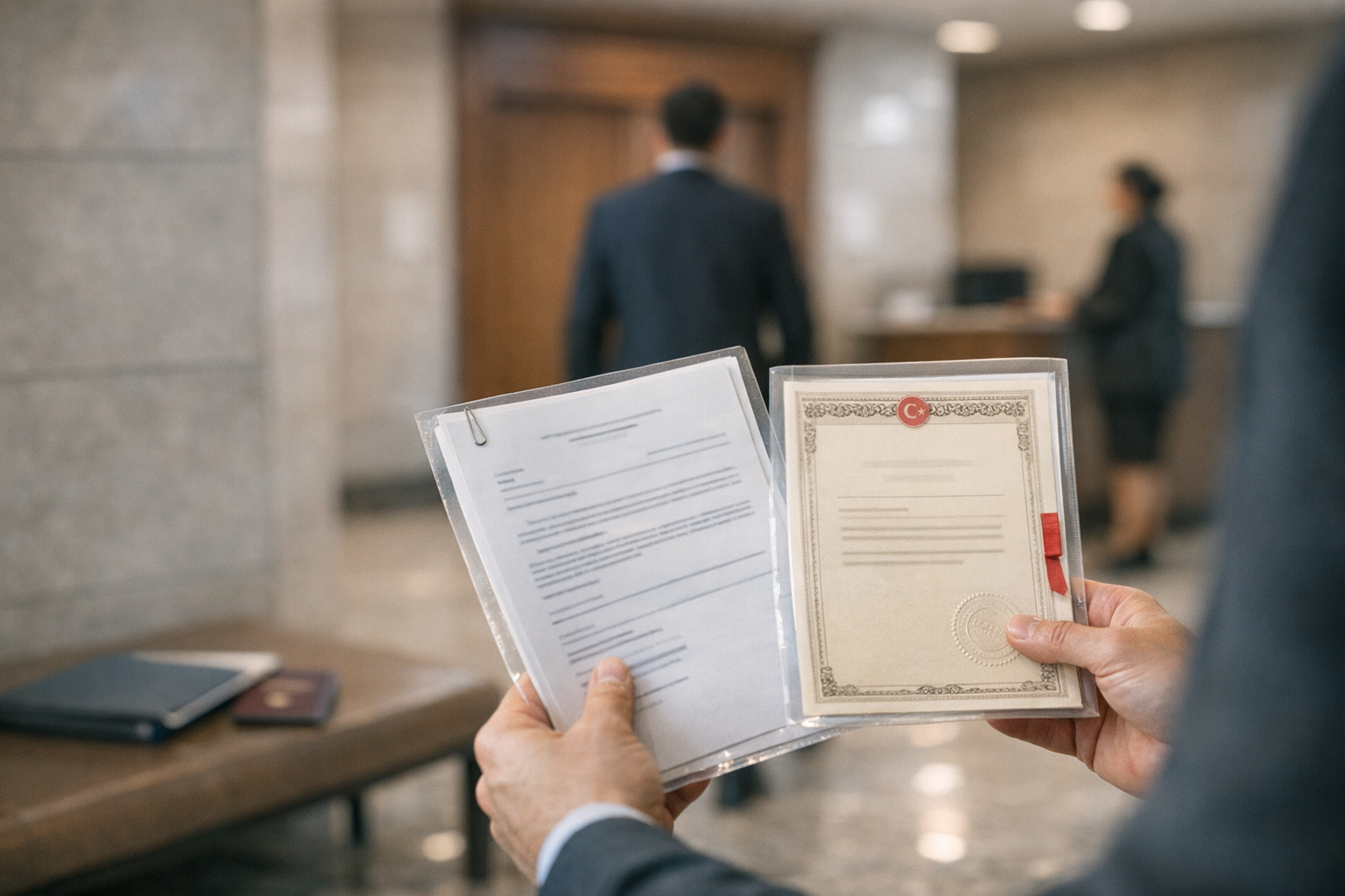 Reconnaissance d’un certificat d’hérédité étranger en Turquie dans un couloir de tribunal à Istanbul, avec dossiers officiels tenus en main.