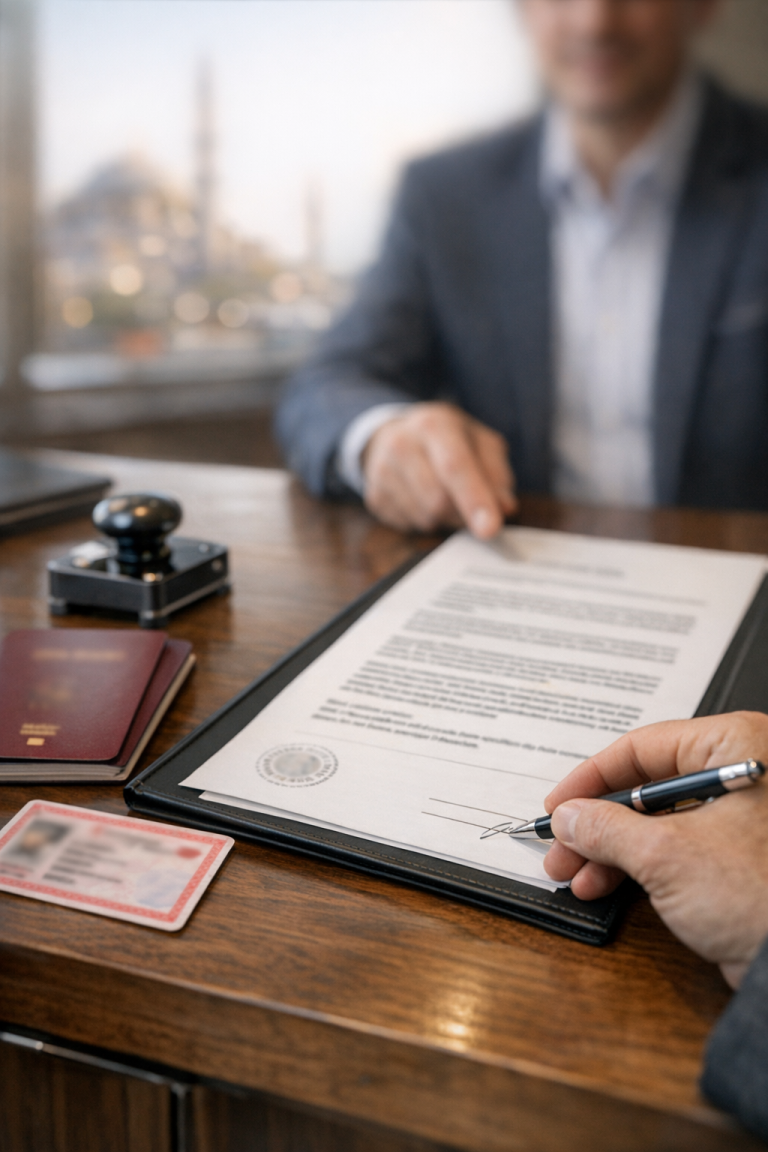 Signature d’un testament en Turquie par un étranger dans une étude notariale, avec passeport flouté et sceau notarial en arrière-plan.