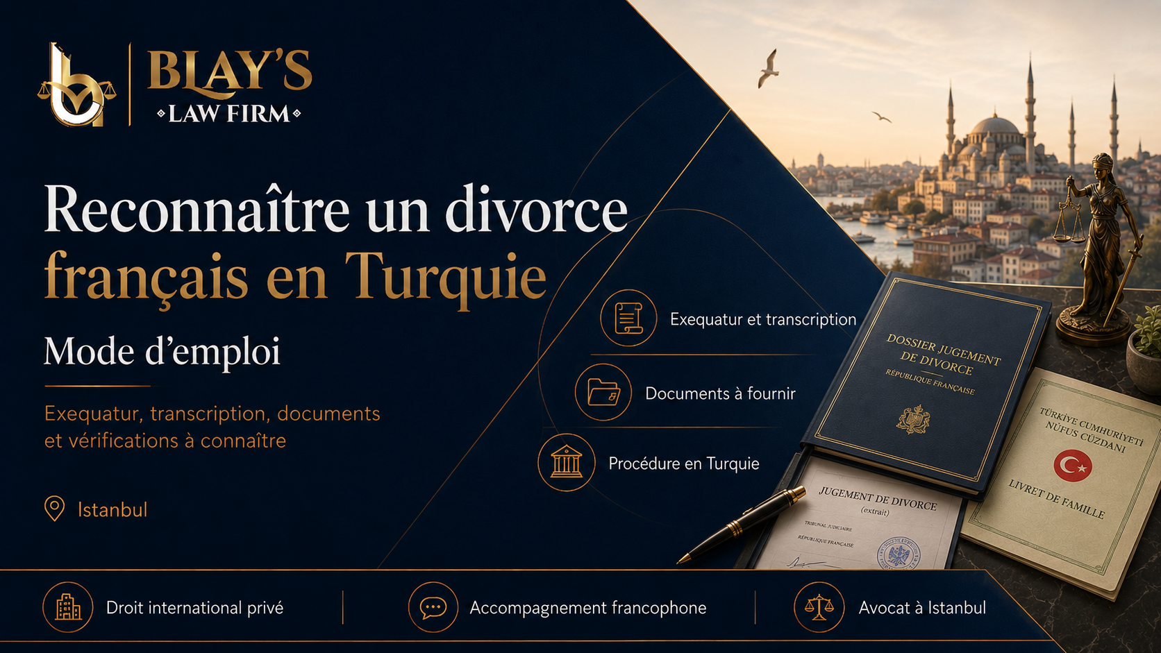 Image de couverture BLAY’S LAW FIRM illustrant la reconnaissance d’un divorce français en Turquie, avec exequatur, transcription, documents à fournir et accompagnement juridique à Istanbul
