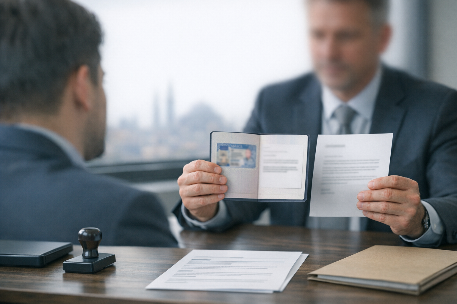 Avocat conseillant un client sur les recours après un refus de visa en Turquie, avec passeport et lettre de refus floutés sur la table.