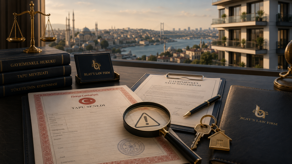 Documents immobiliers turcs, titre de propriété et contrat d’achat examinés avec une loupe pour prévenir une arnaque immobilière en Turquie