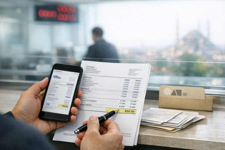 Personne au guichet à Istanbul montrant une facture contestée en Turquie sur smartphone et papier, prêts pour une réclamation.