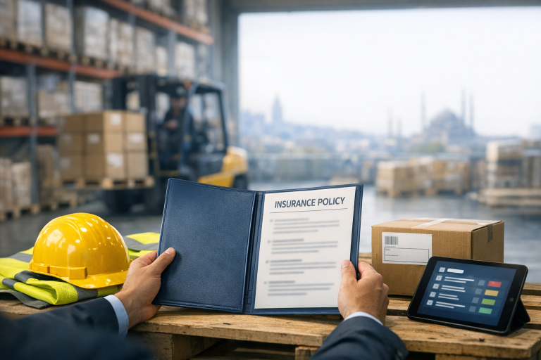 Contrat d’assurance d’entreprise en Turquie consulté sur un site logistique, avec équipements de sécurité et marchandises en arrière-plan.