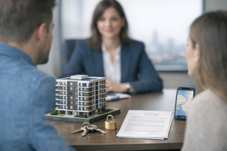 Conseil en cabinet sur un crédit immobilier en Turquie avec clés, maquette d’immeuble et contrat flouté évoquant garanties et risque de saisie.