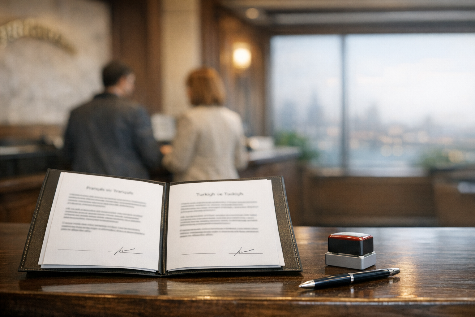 Contrat bilingue français-turc prêt à être signé dans un bureau de type notariat à Istanbul.