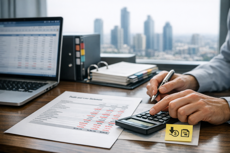 Comptable en entreprise à Istanbul calculant des pertes fiscales et des déductions sur un compte de résultat.