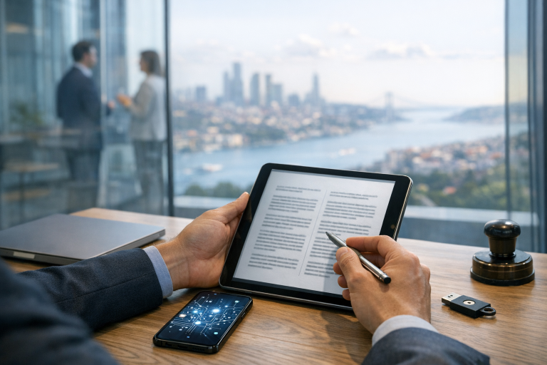 Contrat numérique sur tablette et smartphone à interface IA, dans un espace de travail moderne à Istanbul, illustrant les outils IA en Turquie : contrats et droits.