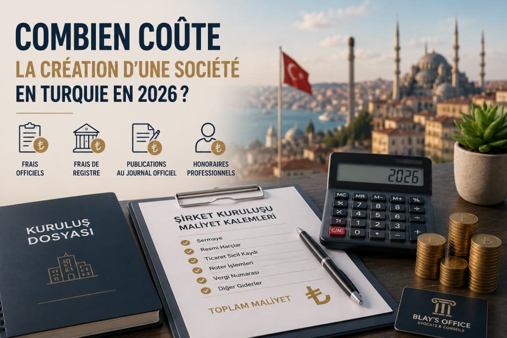 Infographie illustrant le coût de création d’une société en Turquie en 2026, avec frais officiels, registre du commerce, notaire, fiscalité et honoraires professionnels