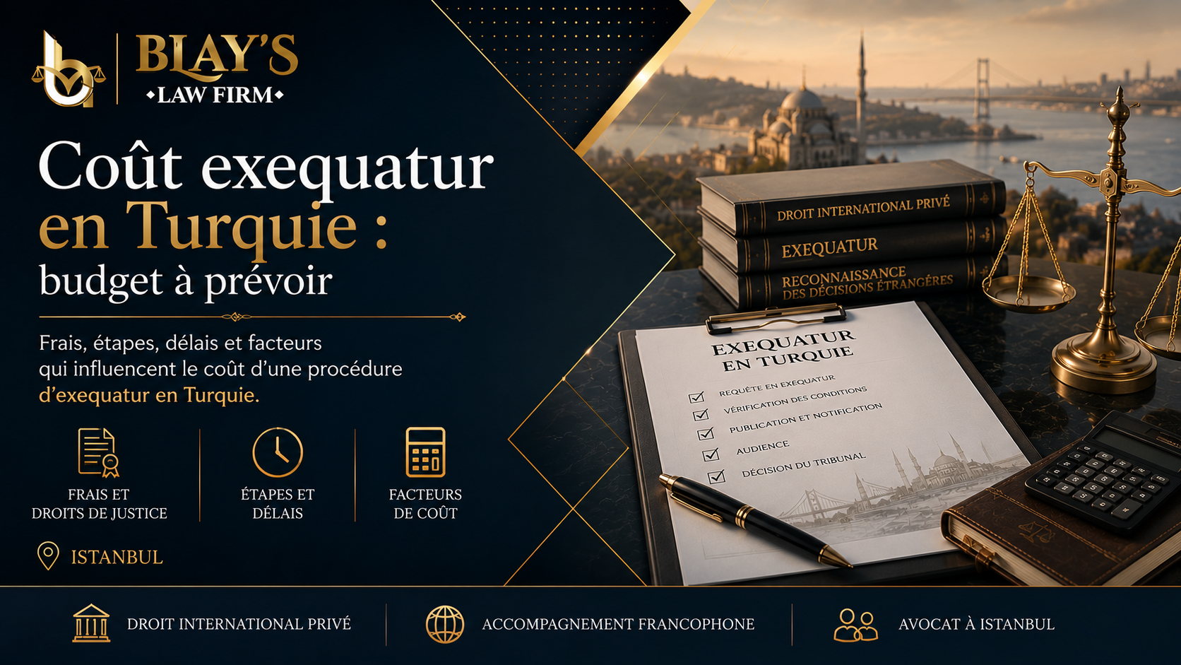 Image de couverture BLAY’S LAW FIRM illustrant le coût d’une procédure d’exequatur en Turquie, avec les frais de justice, les étapes, les délais et l’accompagnement d’un avocat francophone à Istanbul