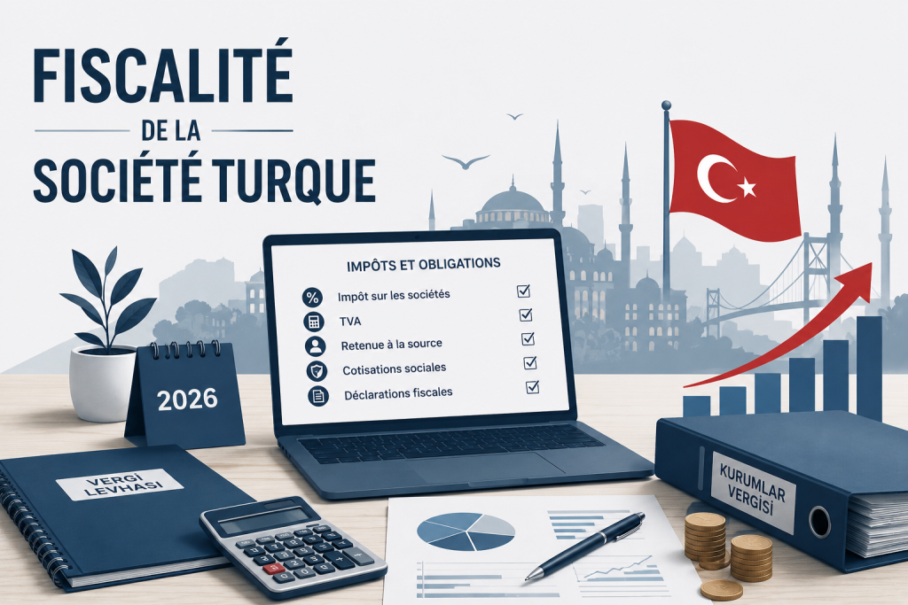 Infographie illustrant la fiscalité d’une société turque avec impôt sur les sociétés, TVA, retenue à la source, cotisations sociales et déclarations fiscales